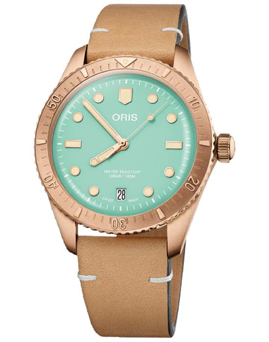 Oris Oris Divers Sixty‑Five 'Cotton Candy' 01 733 7771 3157-07 5 19 04BR  01 733 7771 3157-07 5 19 04BR механические мужские часы бирюзовый циферблат, браслет бронза — вид спереди